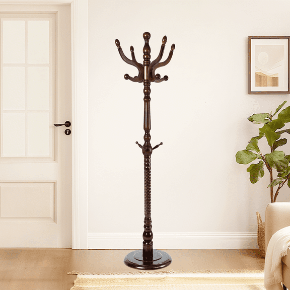 Solid Wood Coat Rack – 75" Freestanding Coat Racks Stand with 11 Hooks and Stable Base for Coats, Hats, Scarves, Adjustable Height Modern Wooden Hall Tree for Entryway, Bedroom, Office, Home