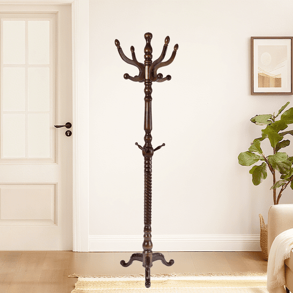 Solid Wood Coat Rack – 75" Freestanding Coat Racks Stand with 11 Hooks and Stable Base for Coats, Hats, Scarves, Adjustable Height Modern Wooden Hall Tree for Entryway, Bedroom, Office, Home