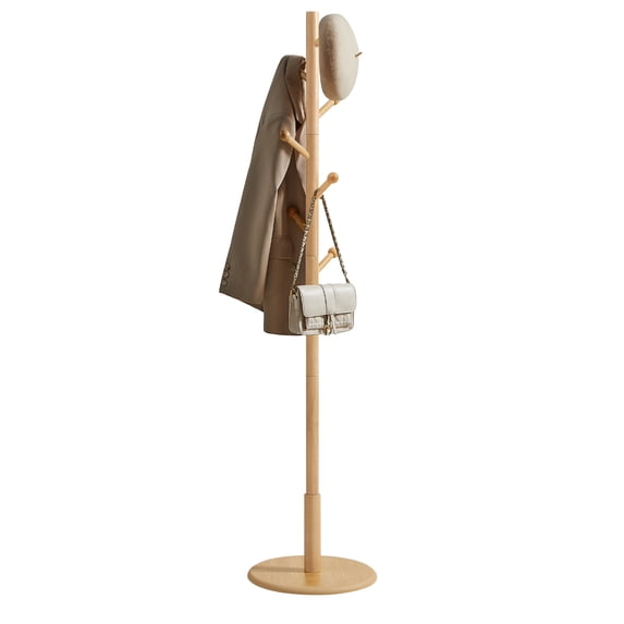 Solid Wood Coat Rack, Free Standing Hall Coat Tree with 7 Hooks, 3 Height Options, for Coats, Hats, Bags, Purses, for Entryway, Hallway, Rubberwood Hooks and Pole, Natural Beige