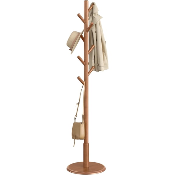 Solid Wood Coat Rack, Free Standing Hall Coat Tree with 8 Hooks, 3 Height Options, for Coats, Hats, Bags, Purses, for Entryway, Hallway, Rubberwood Hooks and Pole, Ink Black URCR010B01