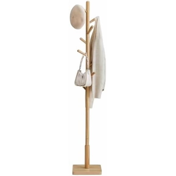 Solid Wood Coat Rack, Free Standing Hall Coat Tree with 8 Hooks, 3 Height Options, for Coats, Hats, Bags, Purses, for Entryway, Hallway, Rubberwood Hooks and Pole, Natural Beige URCR010N01