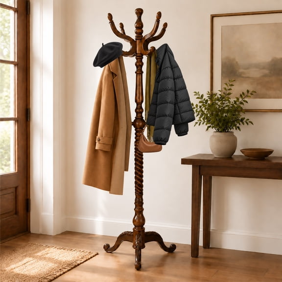 Solid Wood Coat Rack Freestanding with 11 Hooks, Adjustable Height Coat Tree with Triangular Base for Entryway, Bedroom, Living Room and Office, Walnut