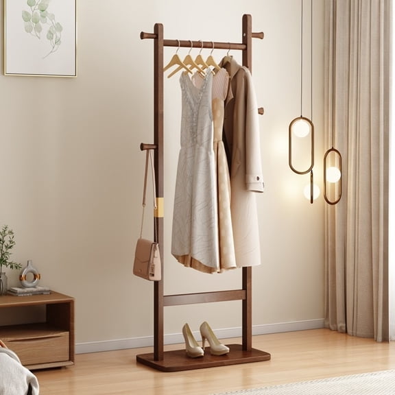 Solid Wood Coat Rack Freestanding Clothes Hanger with Hooks, Entryway Hall Tree Stand for Bedroom Living Room Space Saving Organizer,Walnut