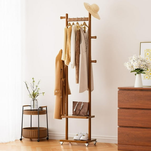 Solid Wood Coat Rack Freestanding Clothing Rack with Wheels & 2 Shelves ...