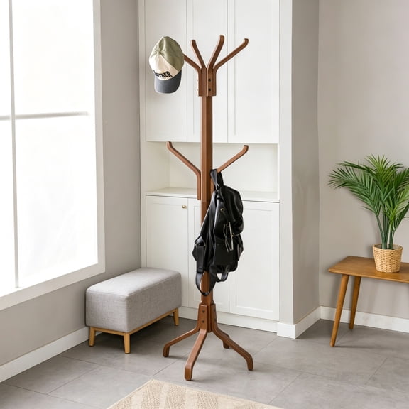 Solid Wood Coat Rack Freestanding, Coat Stand for Entryway, Hat Hanger Hook for Jacket, Purse, Scarf, Mid Century Umbrella Tree Stand, 6 Hooks, Walnut