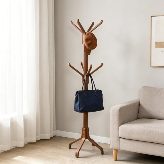 Solid Wood Coat Rack Freestanding, Coat Stand for Entryway, Hat Hanger Hook for Jacket, Purse, Scarf, Mid Century Umbrella Tree Stand, 8 Hooks, Walnut