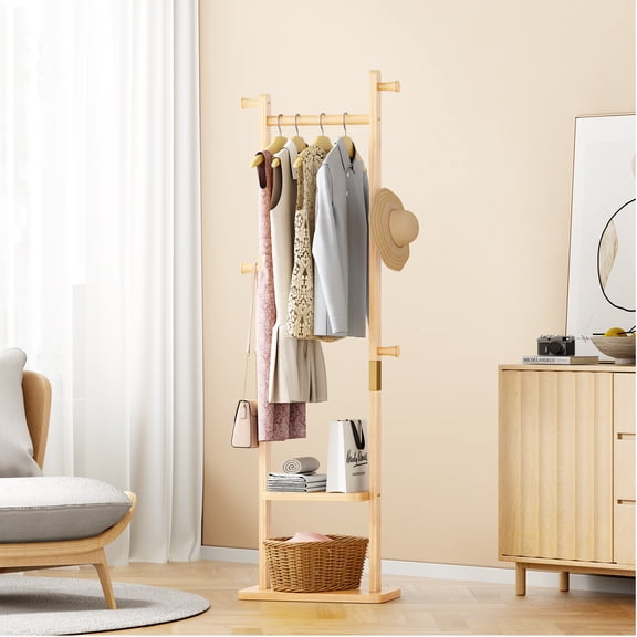 Solid Wood Coat Rack, Freestanding Garment Tree with Hooks for Entryway Bedroom Living Room,Natural