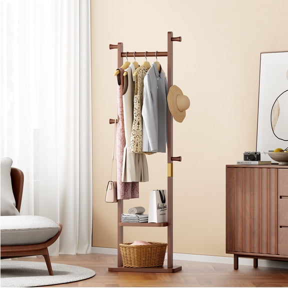 Solid Wood Coat Rack, Freestanding Garment Tree with Hooks for Entryway Bedroom Living Room,Walnut