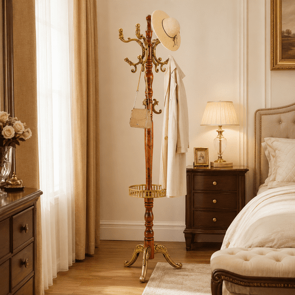Solid Wood Coat Rack, Freestanding Hall Coat Tree with 14 Hooks, 3 Height Options, 300 lbs Load, Sturdy Base, Clothes Rack for Entryway, Hallway, Bedroom