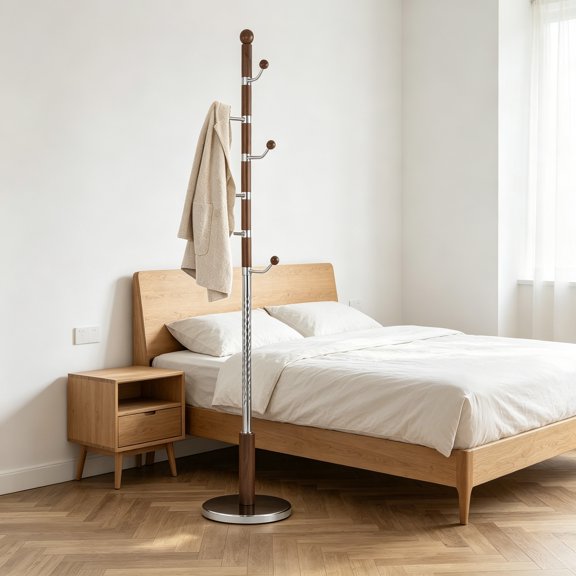 Solid Wood Coat Rack, Freestanding Hall Coat Tree with 6 Hooks, 3 Height Options, 180 lbs Load, Sturdy Base, Clothes Rack for Entryway, Hallway, Bedroom, Disc Base with Walnut Swivel Hook