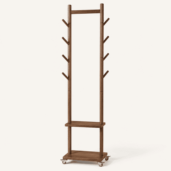 Solid Wood Coat Rack Freestanding - Rolling Clothes Rack with 8 Hooks & Shelves, Small Clothing Rack with Wheels, Heavy Duty Clothing Racks for Hanging Clothes, Portable Hall Tree for Entryway