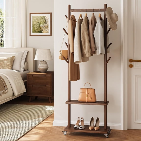 Solid Wood Coat Rack Freestanding - Rolling Clothes Rack with 8 Hooks & Shelves, Small Clothing Rack with Wheels, Heavy Duty Clothing Racks for Hanging Clothes, Portable Hall Tree for Entryway