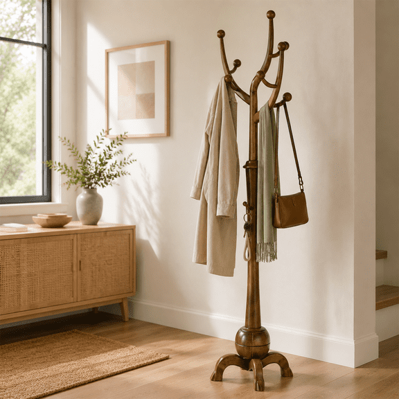 YFYUA Solid Wood Coat Rack Freestanding, Tree-Shaped Coat Stand with Multi-Level Hooks and Curved-Leg Base for Coats, Hats, Bags, Entryway, Bedroom and Office, Walnut Brown