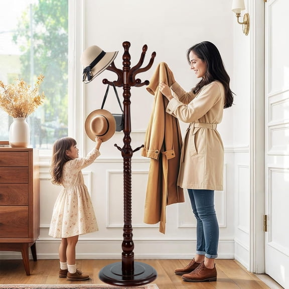 Solid Wood Coat Rack, Heavy Duty Freestanding Coat Tree with 11 Hooks for Coats, Handbags, 3 Adjustable Height Coat Hanger for Bedroom, Entryway, Livingroom