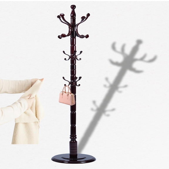 Solid Wood Coat Rack, Heavy Duty Freestanding Coat Tree with 14 Hooks for Coats, Handbags, 3 Adjustable Height Coat Hanger for Bedroom, Entryway, Livingroom