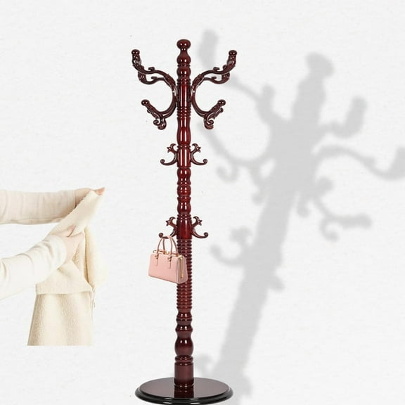 Solid Wood Coat Rack, Heavy Duty Freestanding Coat Tree with 14 Hooks for Coats, Handbags, 3 Adjustable Height Coat Hanger for Bedroom, Entryway, Livingroom