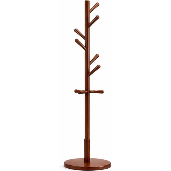 Solid Wood Coat Rack Stand, Freestanding Tree Coat Rack with 8 Hooks, Heavy Duty Round Base, Modern Entryway Hall Tree for Jackets, Hats & Bags, 68 Inch (Brown)