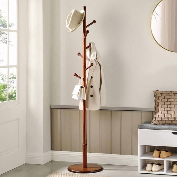 Solid Wood Coat Rack Stand with 7 Rounded Hooks, Adjustable 3 Heights, Round Base for Home Bedroom Office