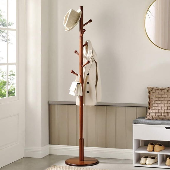 Solid Wood Coat Rack Stand with 7 Rounded Hooks, Adjustable 3 Heights, Round Base for Home Bedroom Office