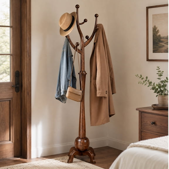 Solid Wood Coat Rack with 8 Branch-Style Hooks and Four-Leg Wooden Base, Tree-Inspired Freestanding Coat Stand for Entryway, Bedroom and Living Room