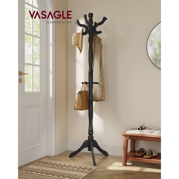 VASAGLE Coat Stand, Solid Wood Freestanding Coat Rack with 11 Hooks, Hall Tree for Bags, Purses, Hats, for Entryway, Hallway, Rubberwood, Ink Black