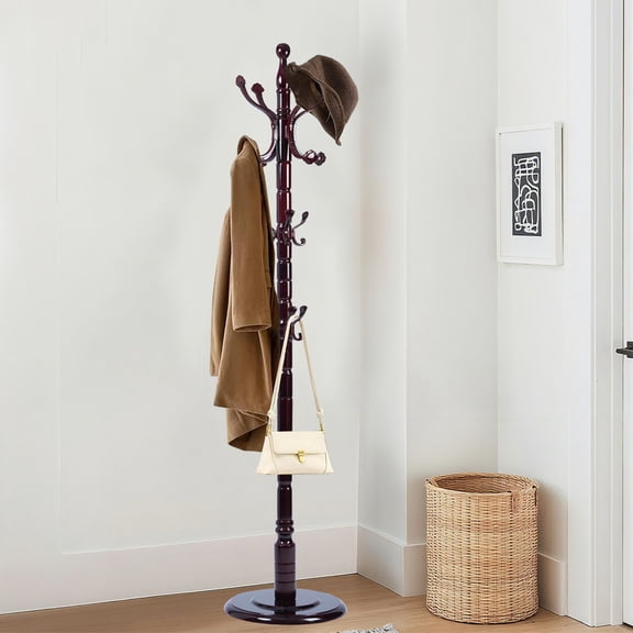 Solid Wood Coat rack stand, Heavy duty Coat Tree with 14 Hooks, Adjustable Height standing coat rack for Entryway, Hallway, Bedroom, Bags, Hats