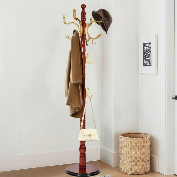 Solid Wood Coat rack stand, Heavy duty Coat Tree with 14 Hooks, Adjustable Height standing coat rack for Entryway, Hallway, Bedroom, Bags, Hats