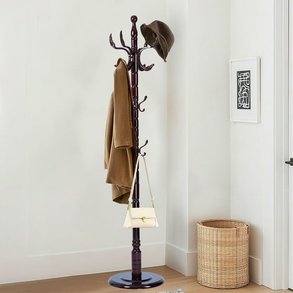 Solid Wood Coat rack stand, Heavy duty Coat Tree with 14 Hooks, Adjustable Height standing coat rack for Entryway, Hallway, Bedroom, Bags, Hats
