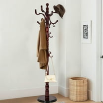 Solid Wood Coat rack stand, Heavy duty Coat Tree with 14 Hooks, Adjustable Height standing coat rack for Entryway, Hallway, Bedroom, Bags, Hats