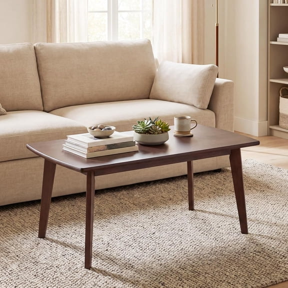 Solid Wood Coffee Table, 34.5" x 21" x 17" Mid-Century Modern Center Table with Storage, Curved Edges, Retro, Small Japanese Floor Table with Tapered Legs for Living Room, Apartment, Walnut