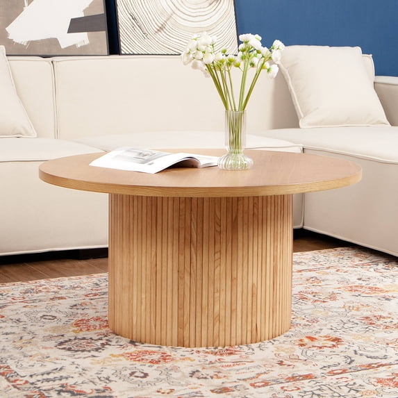 Solid Wood Coffee Table Circle Center Table Modern Farmhouse Living Room Coffee Table Round Natural Oak Finish