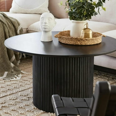 Round Solid Wood End Table Black Pedestal Side Table Living Room ...
