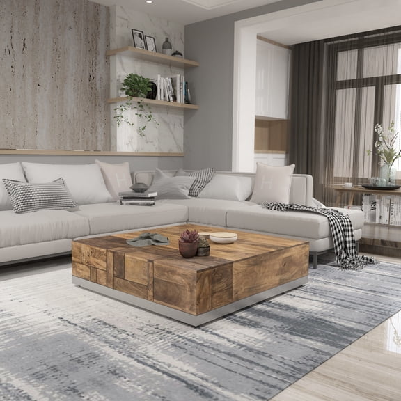 Solid Wood Coffee Table - Square, Brown, Contemporary Style, Drawer Storage, Polished, Sled Base For A Classy Home Redesign Idea Modern Square Polished Finish, Enhancement