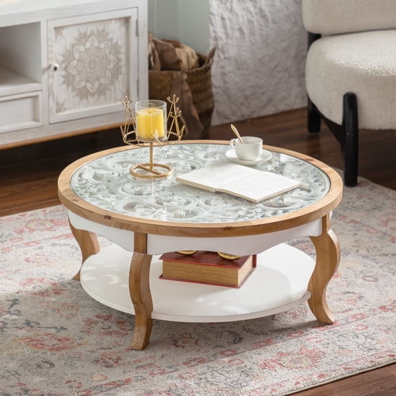 Solid Wood Coffee Table with Removable Glass Top, Curved Legs,Round  European Scroll Pattern, Elegant Center Table For Living Room Small Space