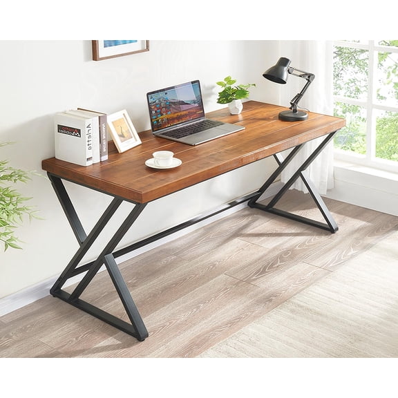 Solid Wood Computer Desk, Modern Real Wood Home Office Desk, Long Rustic Farmhouse Natural Wood Writing Desk, Executive Workstation PC Desk Table for Living Room Bedroom, Brown, 55 inch