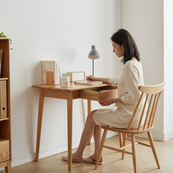 Solid Wood Computer Desk Study Desk with 2 Drawers for Kids, Teens and Adults, Slim Solid Wood Dressing Table, Modern Furniture Simple Study Makeup Workstation PC Desk Work Desk, Oak