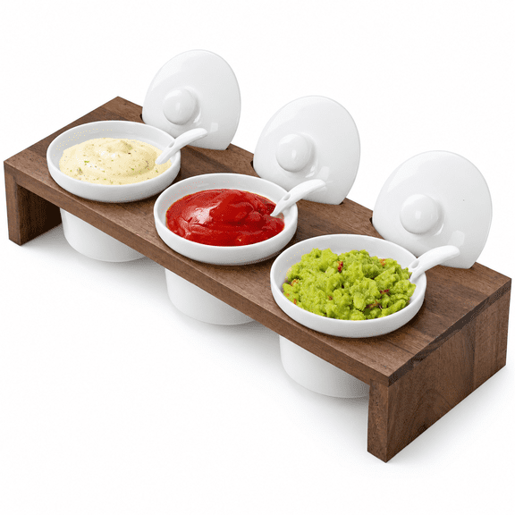 Solid Wood Condiment Server Set with 3 Ceramic, Lids and Spoons