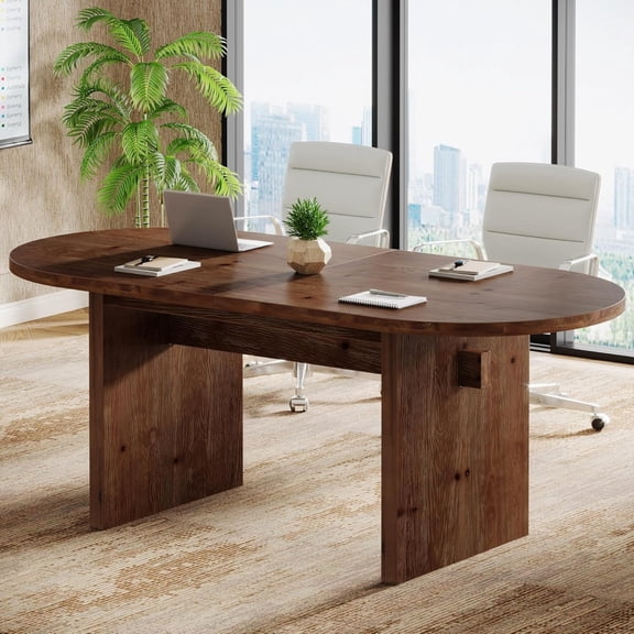 Solid Wood Conference Table for 4-6 People, Oval Meeting Seminar Table with Wood Base for Conference Room