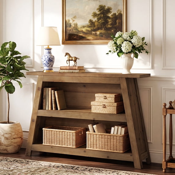 Solid Wood Console Table, 47.24" Farmhouse Entryway Table with Storage Shelves, 3-Tier Sofa Table Behind the Couch for Hallway, Living Room, Foyer, Entrance