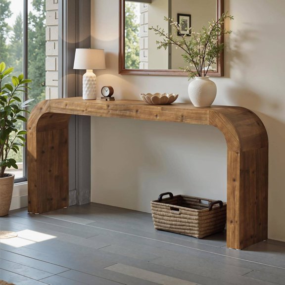 Solid Wood Console Table, 70.87-Inch Sofa Table with Waterfall Curved Corners for Hallway, Living Room, Behind Couch, Entrance