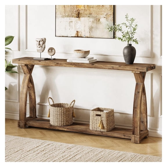 Solid Wood Console Table for Entryway, 63-Inch Narrow Farmhouse Couch Table Behind Sofa with 2-Tier Storage for Entrance, Foyer, Living Room, Long, Rustic Brown