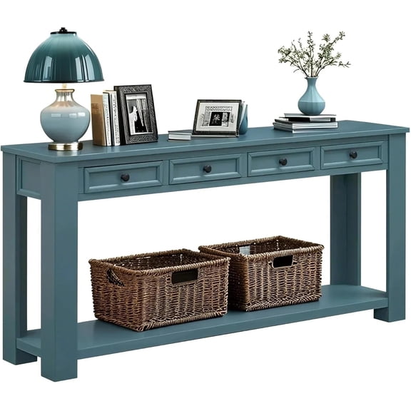 Solid Wood Console Table,Long Sofa Table Entryway Table with 4 Drawers and Bottom Shelf for Hallway Living Room Couch Table,Easy Assembled