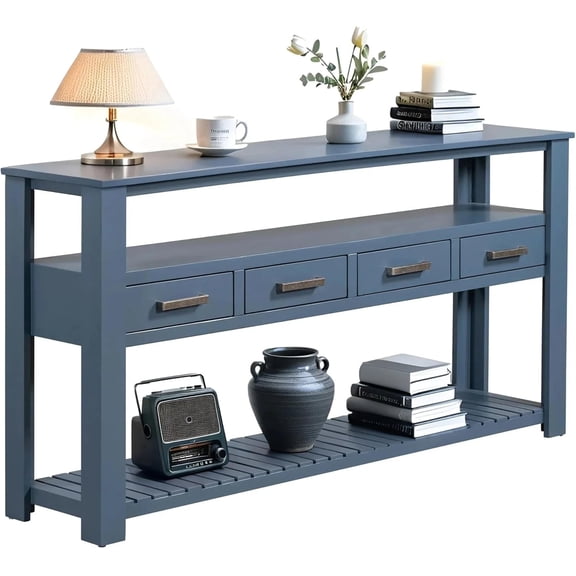 Solid Wood Console Table,Long Sofa Table Entryway Table with 4 Drawers and Bottom Shelf for Hallway Living Room Couch Table,Easy Assembled