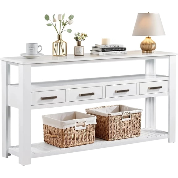 Solid Wood Console Table,Long Sofa Table Entryway Table with 4 Drawers and Bottom Shelf for Hallway Living Room Couch Table,Easy Assembled