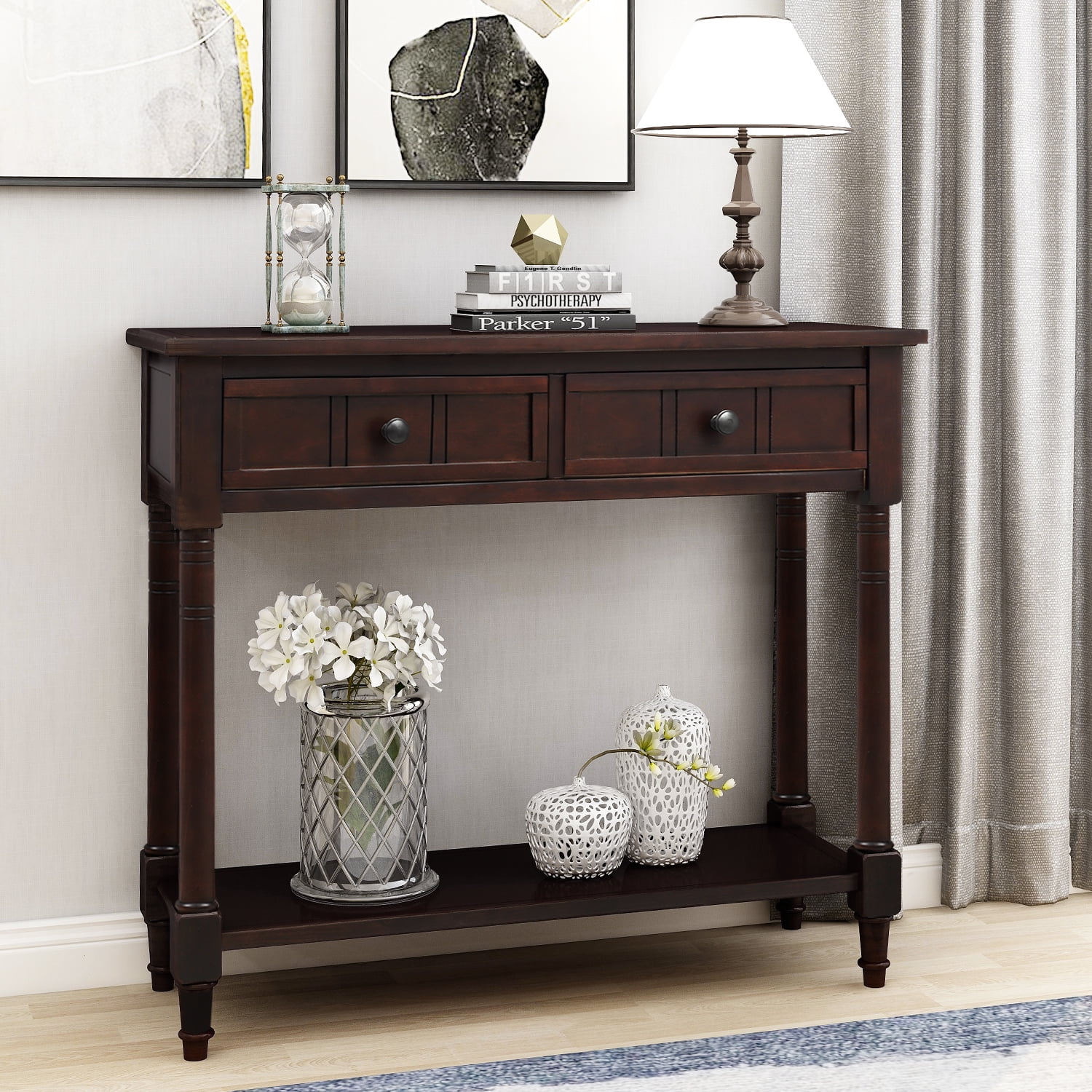 Solid Wood Console Table Side Table Entryway Table Traditional Design with Two Drawers and Storage Bottom Shelf for Living Room Hallway Dining