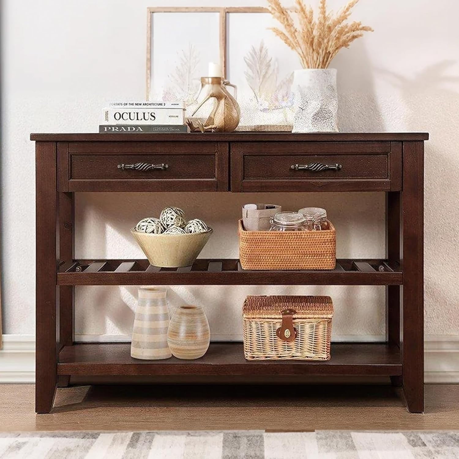 Solid Wood Console Table Sofa Tables with Drawers and Shelves Small ...