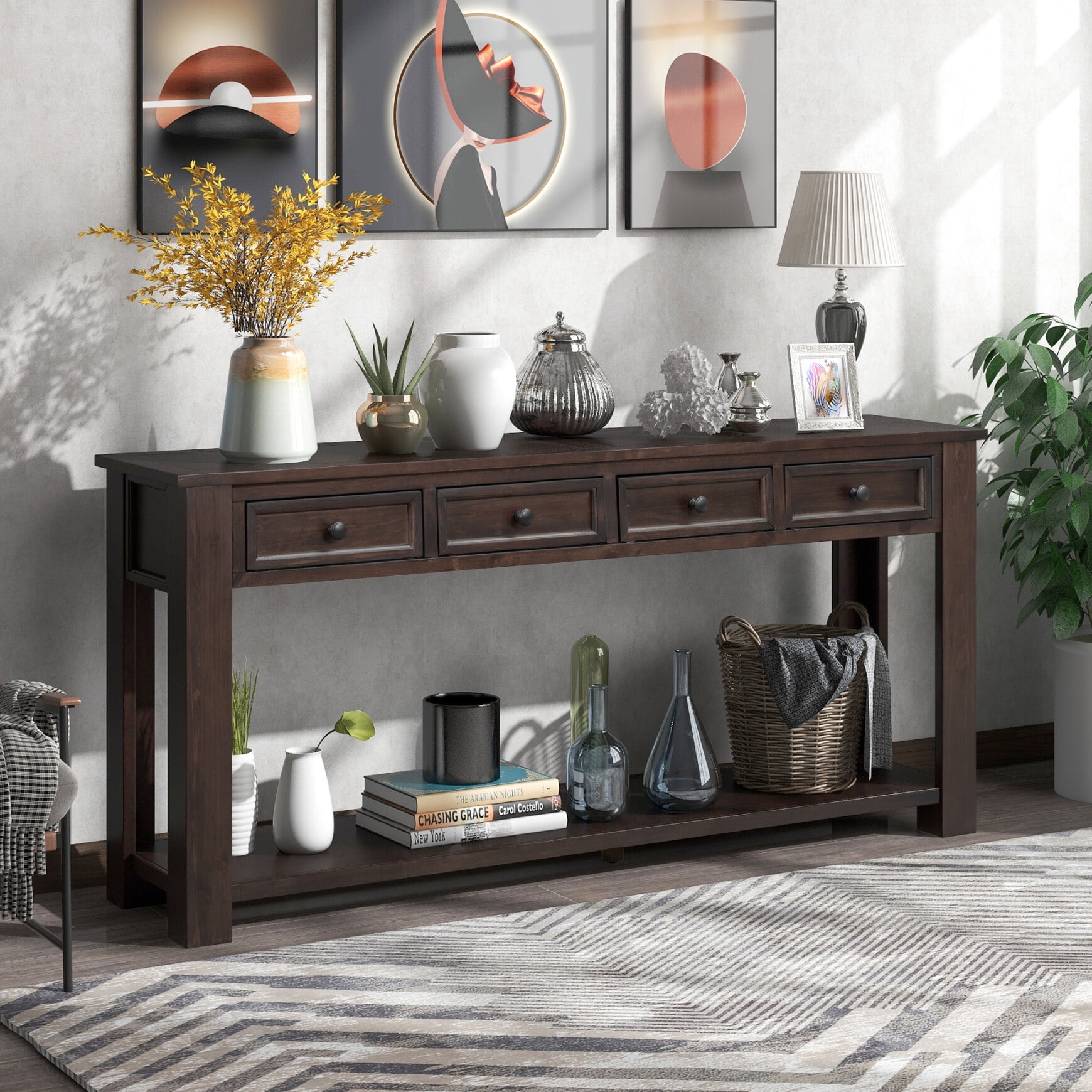 Solid Wood Console Table With 4 Drawers And 1 Bottom Shelf For Entryway, Hallway, Easy Assembly, 63 Inch Long Sofa Table ,Espresso