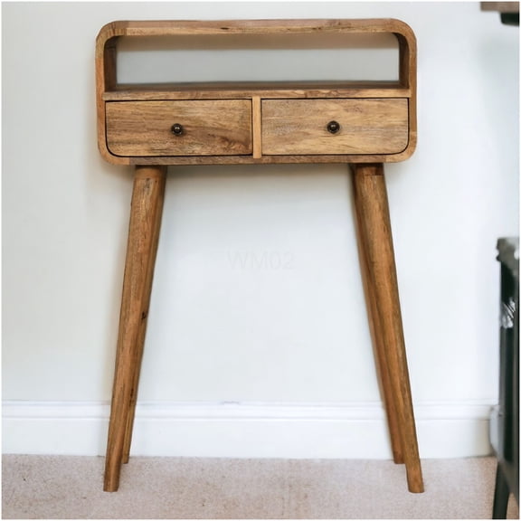 Solid Wood Console Table with 2 Drawers & Open Shelf, Curved Edge Design, Oak Finish Brown
