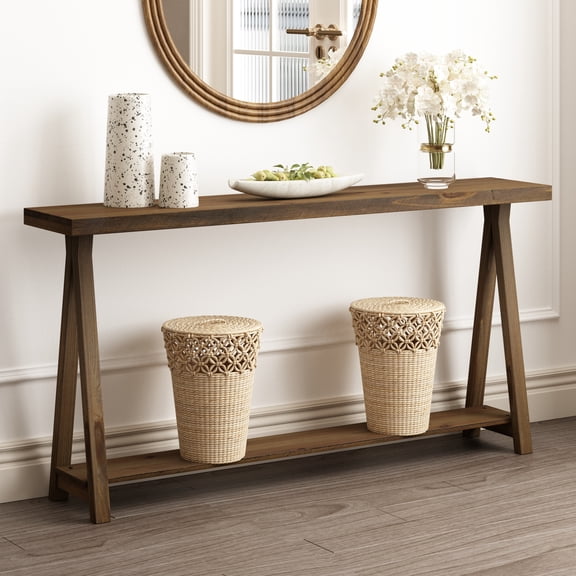63'' Farmhouse Narrow Wood Console Tables, Long Entryway Sofa Table with Shelf for Living Room Hallway