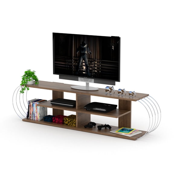 Solid Wood, 4 Shelves Design - 68 - inch Walnut/Chrome TV Stand for Home Use